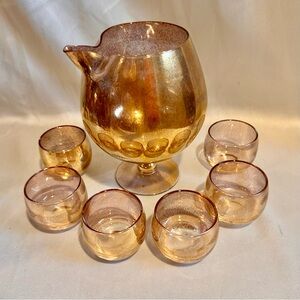 Mid-Century Gold Fleck Cocktail Pitcher Roly Poly Glasses Set of 7